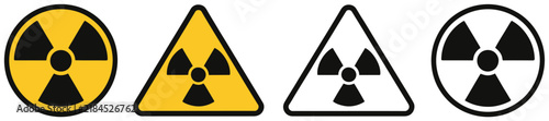 Foto Radiation hazard signs, radioactive warning symbols featuring round and triangular alerts for dangerous radiation areas, safety zones and threat awareness