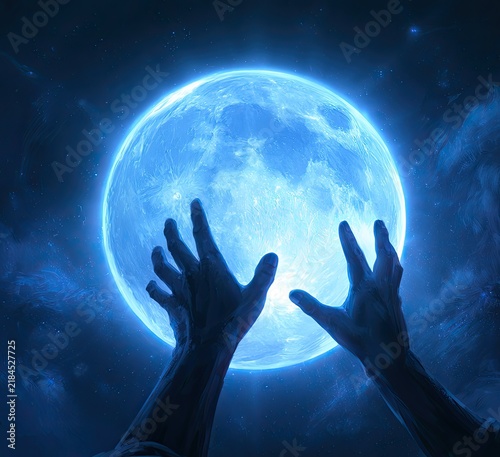 Mysterious Hands Reaching for a Glowing Blue Moon in the Night Sky.