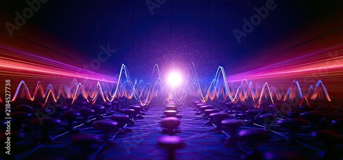 Abstract Futuristic Neon Waveform Tunnel with Bright Light at the End.