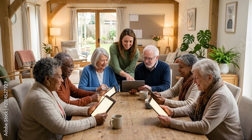 Caregiver helping diverse senior group using digital tablets at home