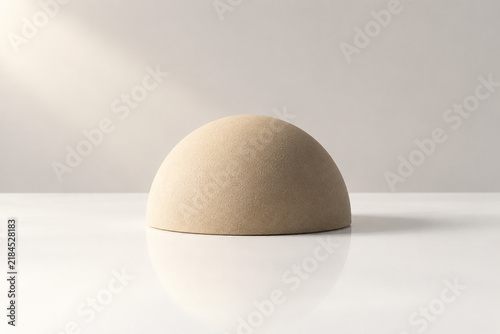 Large sand-colored textured plaster hemisphere on glossy white surface, modern sculpture and minimalist decor concept