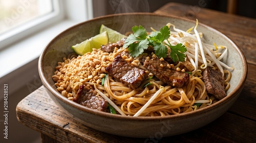 Authentic Thai Beef Pad Noodles Beautifully Garnished On A Plate