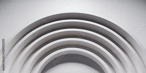 Minimalist 3D rendering of concentric arches in white and gray tones abstract architecture clean des