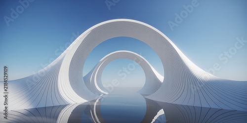 Minimalist white arches reflecting on water under blue sky architecture curves