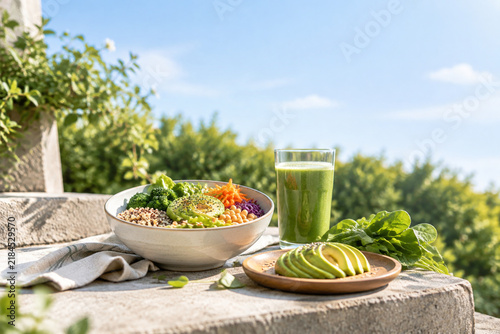 Buddha bowl with vegetables and green smoothie on stone step, World Vegan Day outdoor food concept
