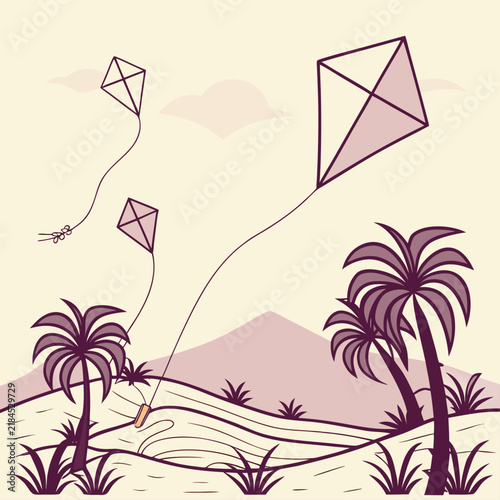 Three kites flying over a tropical beach landscape with palm trees and distant hills