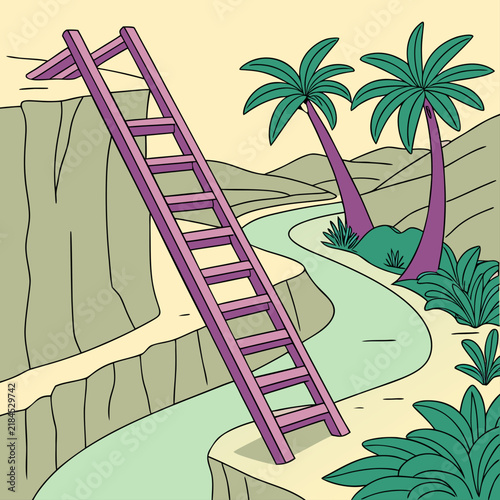 Long ladder leaning against a cliff edge in a green tropical valley with river landscape