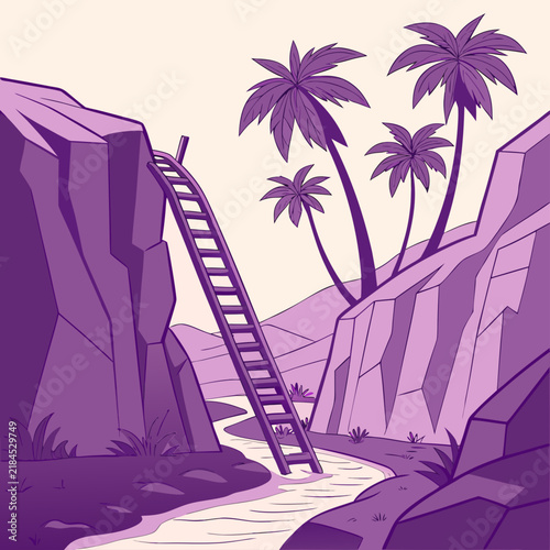 Wooden ladder leaning against rock formations in a lush tropical canyon with river landscape