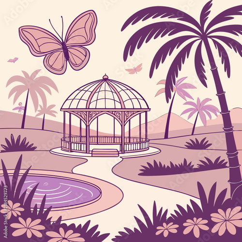 Butterfly flying over a gazebo in a tranquil tropical garden with palm trees and a pond