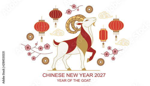 Chinese new year 2027 year of the goat greeting card design with traditional lanterns, plum blossoms, and gold coins