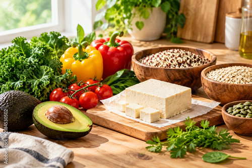 Fresh vegetables, avocado, tofu, grains in wooden bowls on kitchen surface, plant-based meal preparation