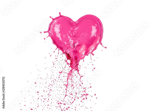 Glossy liquid pink heart shape splashing isolated on transparent background for love and romance themes