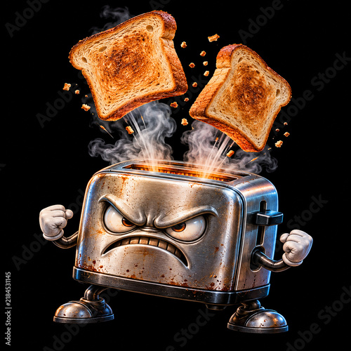 Angry Cartoon Toaster Character with Flying Toast and Steam on Black Background