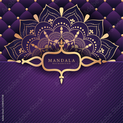 Elegant purple mandala frame with golden ornamental details on quilted
