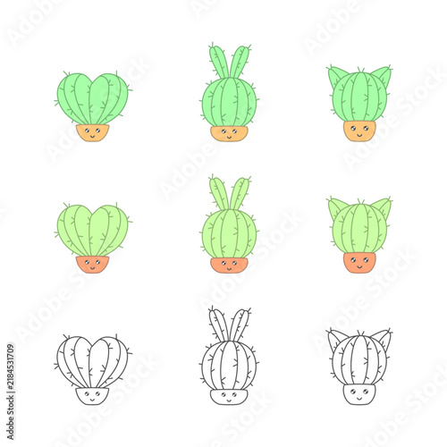 Cute cacti in the shape of a heart, a rabbit and a cat with funny faces, isolated on a white background. Collection of plant characters in kawaii flower pots. Vector set for cover, sticker, tag, print