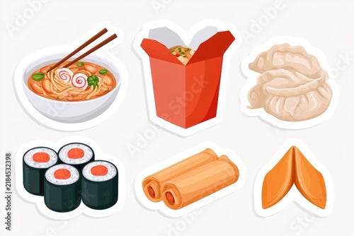 Illustration of six popular Asian foods including ramen, takeout, dumplings, sushi rolls, egg rolls, and a fortune cookie.