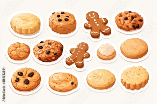 A collection of assorted cookies including gingerbread, chocolate chip, and cream-filled, displayed as bakery-style stickers on a light background.