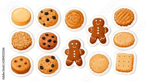 A collection of illustrated assorted cookies including gingerbread men, oatmeal, chocolate chip, and various round and square biscuits.