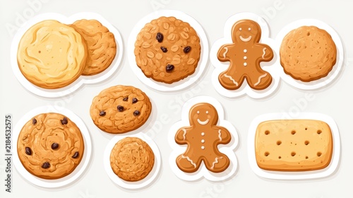 Assorted cookies including gingerbread men, chocolate chip, oatmeal, and rectangular biscuits arranged on a white surface.