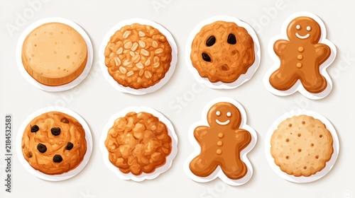 Eight assorted cookies including oatmeal, gingerbread, raisin, and plain varieties on a white background.
