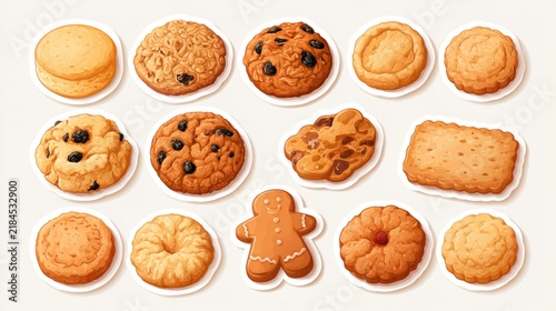 A variety of assorted cookies and biscuits, including chocolate chip, oatmeal, and a gingerbread man, arranged in a neat grid on a white background.