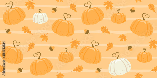 Orange and white pumpkins, acorns, maple and oak leaves on an orange striped background. Endless texture with seasonal vegetable. Vector seamless pattern for country fair, farm market, autumn festival