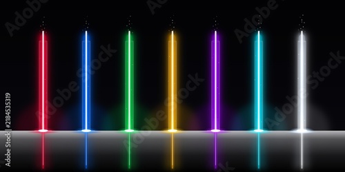 Foto Neon Light Beams in Multiple Colors with Reflections on Dark Surface