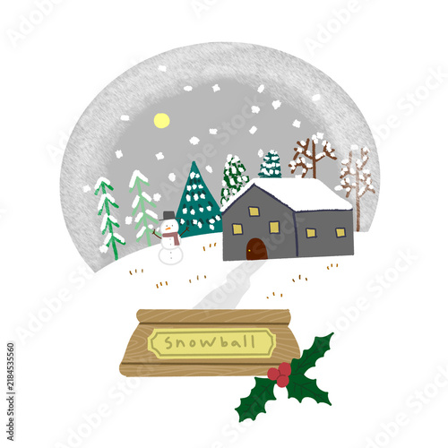 Obraz na płótnie Christmas snow globe with winter village snowman house and pine trees illustrati