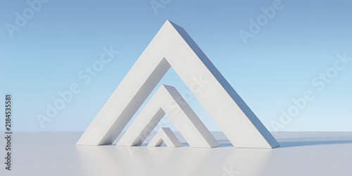 White abstract geometric shapes, nested triangles, minimalist architecture background, blue clean des