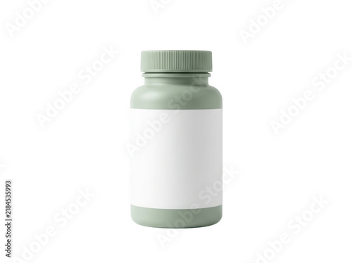 Matte finish sage green supplement bottle with white blank label isolated on transparent background for health and wellness branding