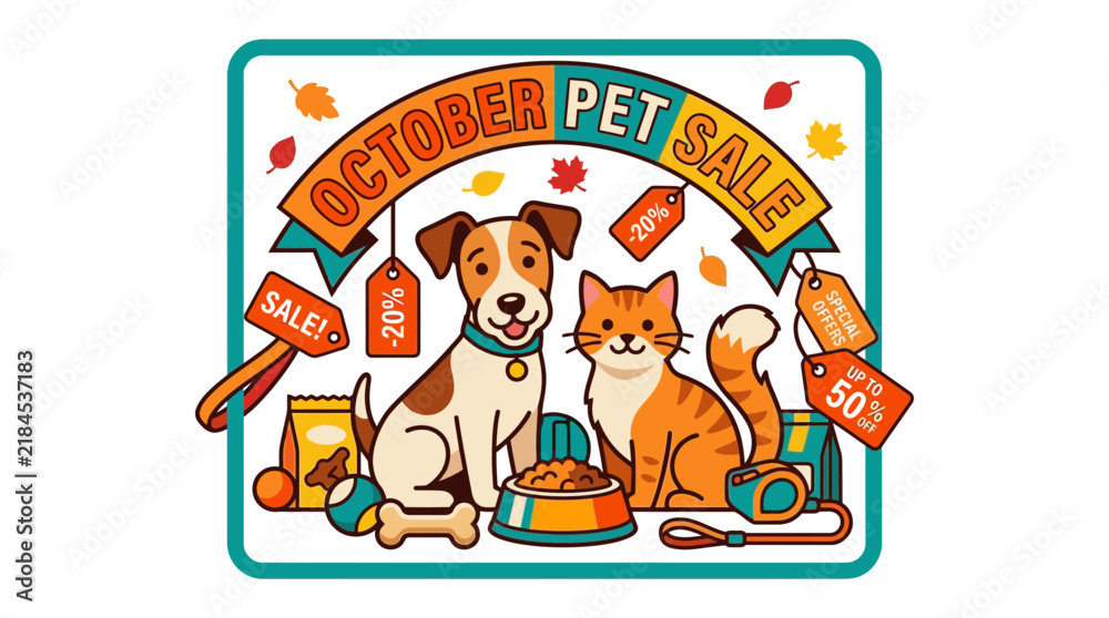 Fototapeta premium October Pet Sale Illustration with Dog and Cat