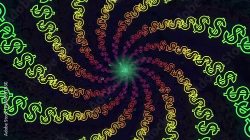 Digital money vortex illustration featuring neon dollar signs spiraling towards light representing financial growth wealth motion and currency flow concepts