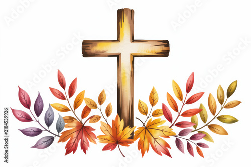 Rustic wooden cross surrounded by vibrant autumn leaves for a religious fall theme.