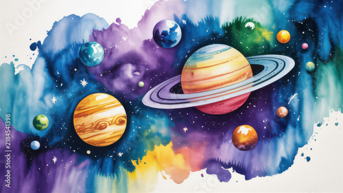 Vibrant watercolor solar system with colorful planets and starry galaxy for educational art.