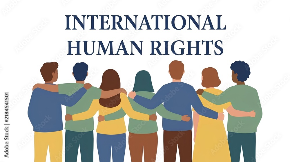 Fototapeta premium Diverse group of people standing together under International Human Rights text graphic.