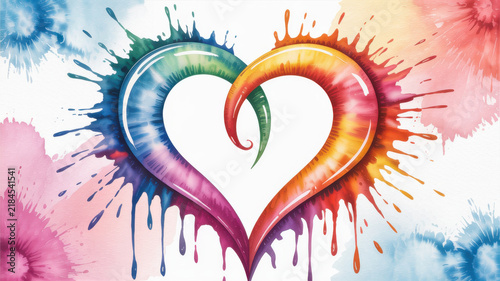 Abstract rainbow heart shape with vibrant watercolor splashes for romantic greeting cards.