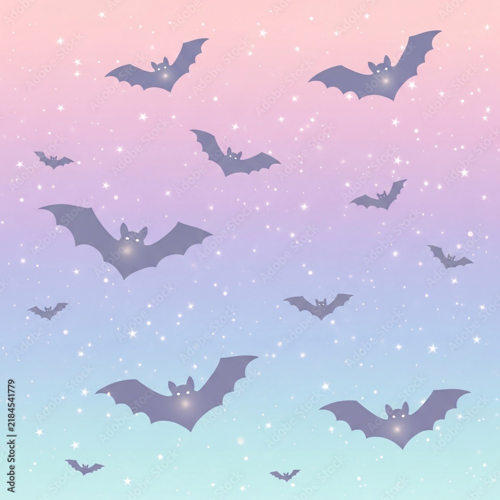 Obraz premium Seamless Halloween pattern featuring cute bats against a pastel pink and blue starry sky