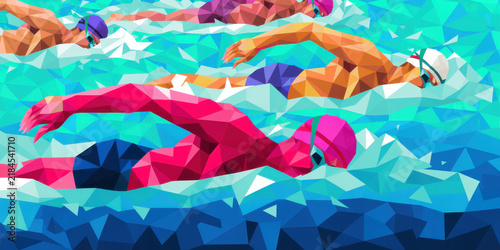Swimmers in geometric style during a race; abstract polygonal sports art.