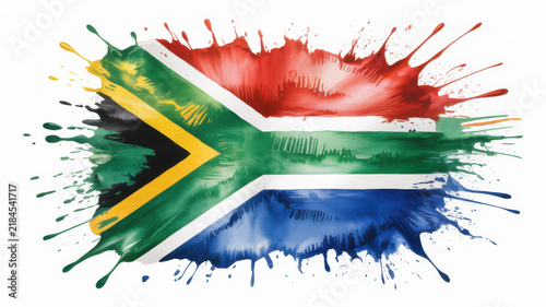 South African flag painted with vibrant watercolor splashes and splatters.