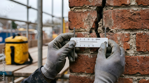 Professional building inspector measuring a deep vertical crack in an old red brick wall using a specialized precision gauge tool on a residential construction renovation site 