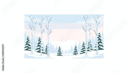 Serene winter forest landscape with birch trees and snow covered evergreen fir trees