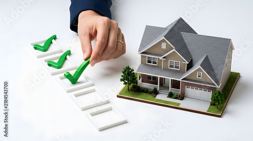 A person selecting a house model on a checklist with a green checkmark symbol real estate mortgage