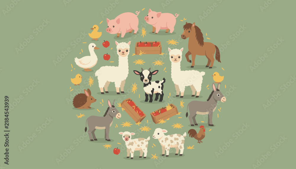 Obraz premium Cute farm animal set arranged in circle with sheep horses pigs and ducks