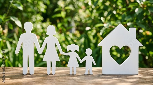 White paper family cutout figures holding hands next to a house shape with heart