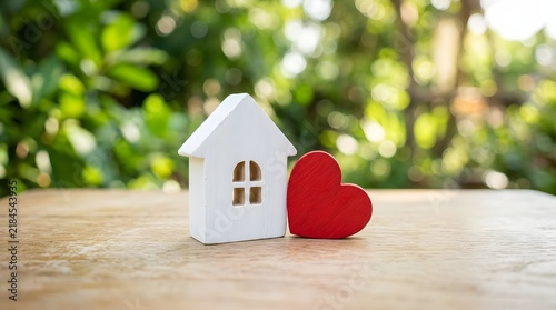 Small white model house standing next to a red heart on a wooden table with real estate