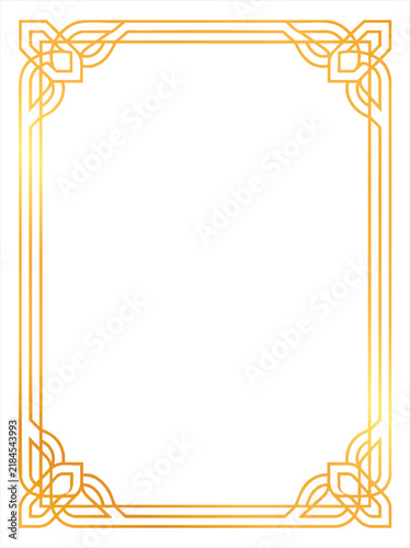 Golden art deco frame with celtic knotwork details has a transparent background for versatile designs