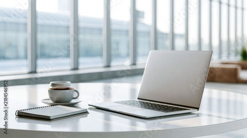 A laptop computer with a blank screen, placed on a white table in a spacious office with large windows and a modern interior design.