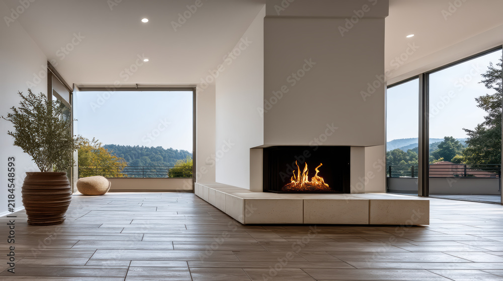 Obraz premium Modern luxury living room with central fireplace, large windows, natural light, wooden floor, minimalist decor, and scenic outdoor view