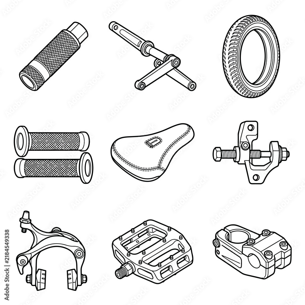 Fototapeta premium BMX Bike Parts Vector Illustration: Handlebar Grips, Pedals, Seat, Brake, Crankset, Tire