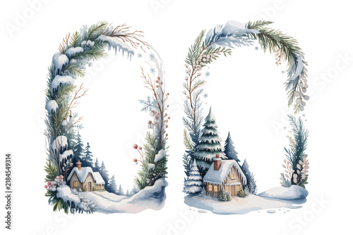 Watercolor Christmas Cottage Winter Frame vector illustration isolated on white background